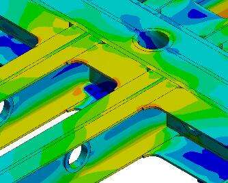 Detalle del modelo de elementos finitos (distribución de tensiones considerando el sistema de suspensión)